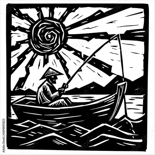 An artistic illustration of a fisherman enjoying a serene fishing experience amidst a calm lake, mountain range and radiant sun 