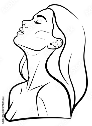 Simple sketch of a beautiful woman looking up peacefully.