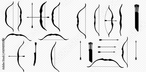 Detailed black silhouette illustrations of traditional and modern archery bows, arrows, and quivers, presented as a comprehensive equipment set.