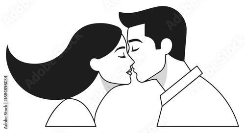 Couple Kissing, Romantic Image, Black and White, Simple Design.