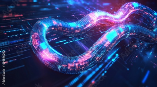 DevOps lifecycle shown as an infinite loop in a futuristic tech-style graphic representing a continuous delivery model. 