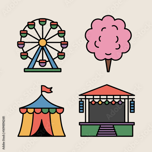 Colorful carnival illustration featuring a ferris wheel cotton candy circus tent and stage perfect for event promotions children's designs and festive backgrounds with a fun playful theme