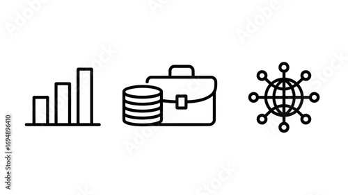 Business growth chart money and briefcase and global network icons representing financial success investment strategy and international business connections in a modern design