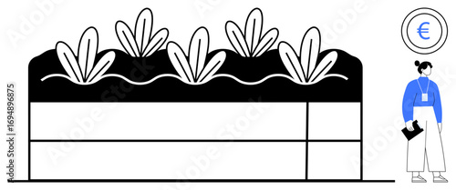 Raised garden bed with plants, organizer holding clipboard near financial icon. Ideal for agriculture, sustainability, eco-farming, business, green economy, planning crop management. Simple flat