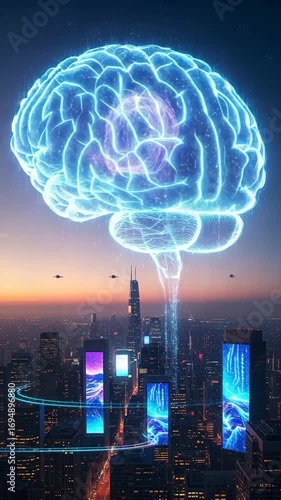 Giant holographic digital brain hovering over futuristic city skyline at sunset, symbolizing urban artificial intelligence, smart city innovation and data-driven global technology