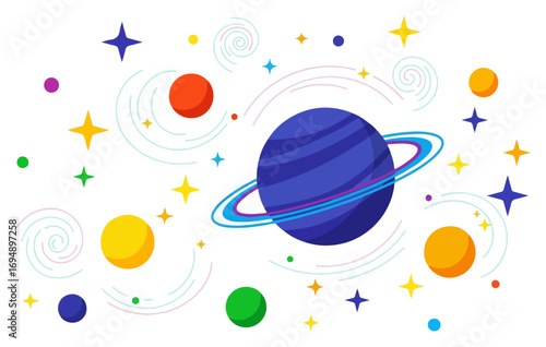 Colorful illustration of planets and stars in space.