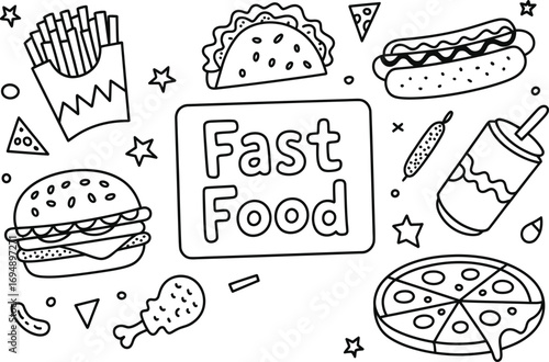 Whimsical hand-drawn fast food collection with "Fast Food" sign