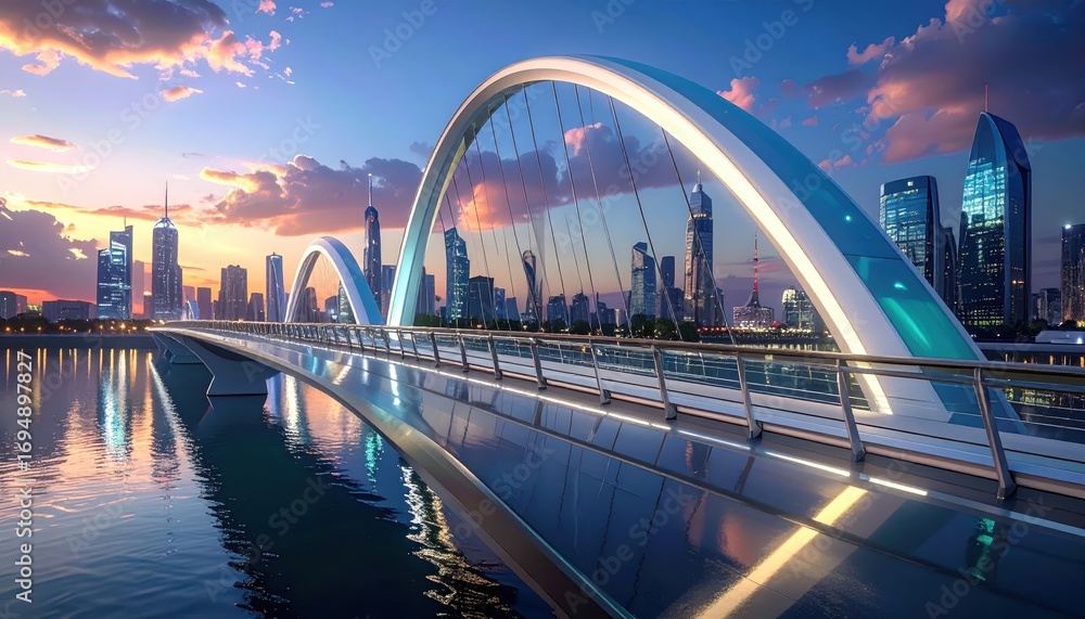 Obraz premium Modern arch bridge spanning tranquil waters over a cityscape at twilight, showcasing sleek architectural design and vibrant colors.