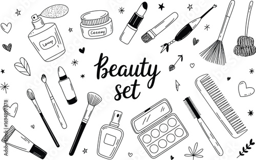 Charming hand-drawn beauty essentials and cosmetic collection