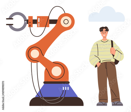 Robotic arm with a mechanical grip next to a casually dressed individual. Ideal for technology, robotics, innovation, engineering, AI, automation, teamwork, simple flat metaphor