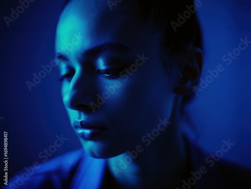 A Deep and Reflective Portrait of a Young Woman Bathed in Soft Blue Light, Capturing Contemplation and Serenity in a Strikingly Atmospheric Setting