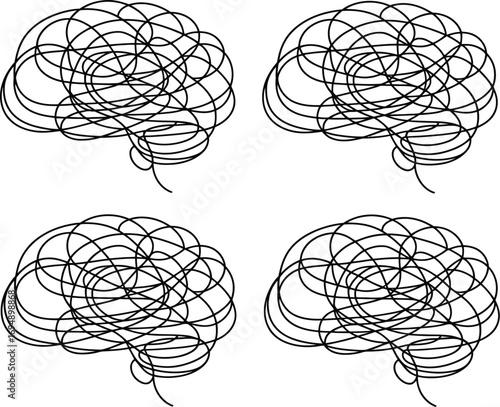 Four abstract line art illustrations of the human brain, symbolizing complexity and thought.