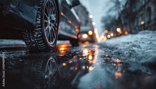 Snowy urban street scene at night