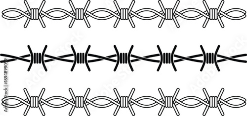 Three distinct styles of barbed wire border patterns, symbolizing boundaries and security.