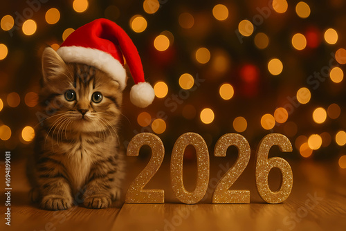 A cat wearing a Santa Claus hat on a festive background with the numbers 2026. New Year and Christmas