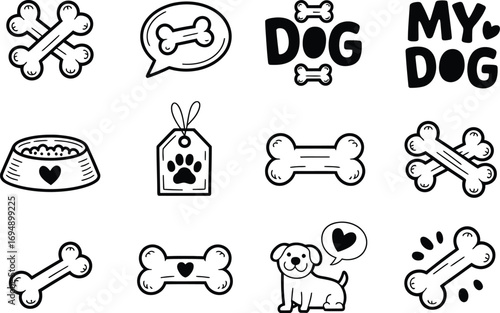 Playful dog icons and illustrations, celebrating canine companionship and treats