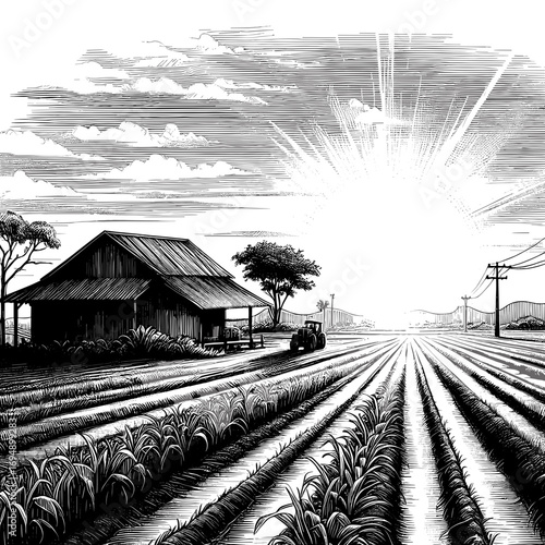 Farm scene illustrated agricultural field in black-and-white representing rural life