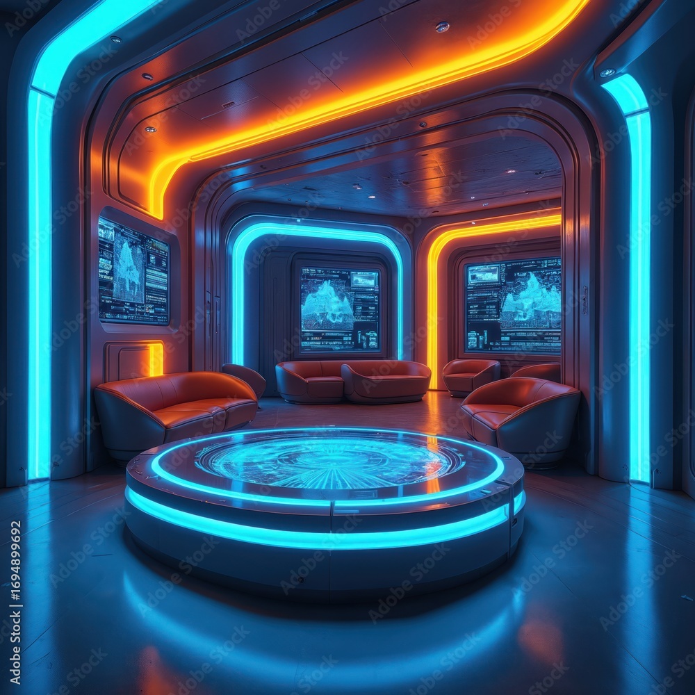 Obraz premium Futuristic sci-fi gaming room features glowing neon blue, orange lighting accents. High-tech consoles, displays adorn sleek, modern interior. Comfortable sofas invite relaxation in advanced