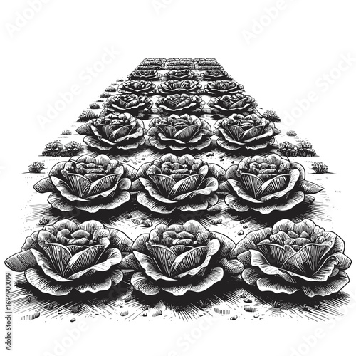 Cabbage harvest illustration in black and white art style
