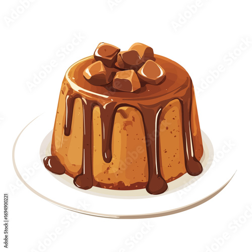 Sticky Toffee Pudding, vector graphic, 2D flat isometric cartoon illustration on white background.
