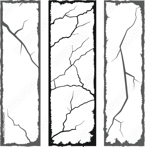 Grunge Cracked Wall Texture Vector Set – Vertical Panels Featuring Distressed, Fractured Surface Designs – Ideal for Backgrounds, Urban, Industrial, or Horror-Themed Graphics.