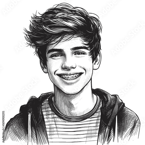 Teenage boy smiling with braces wearing striped shirt