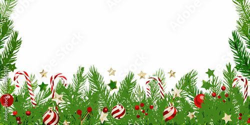 Festive christmas garland border with pine branches ornaments candy canes and stars on white background