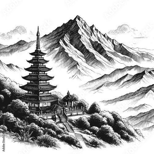 Asian pagoda illustration in black and white representing tranquility
