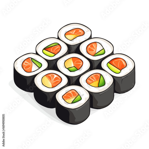 Sushi Rolls, cartoon vector illustration, flat 2D isometric style, white background.