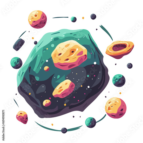 Asteroid Belt, vector graphic, 2D flat isometric cartoon illustration on white background.
