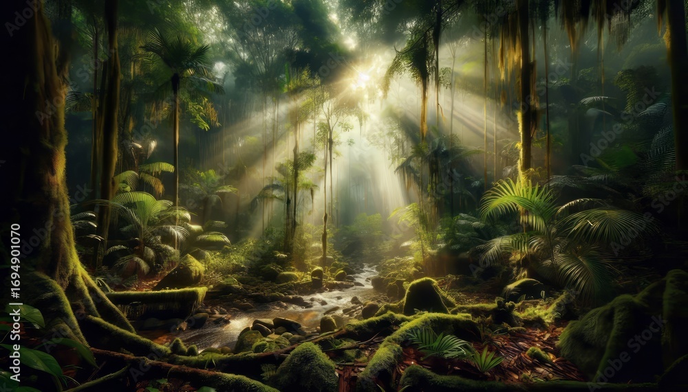 Obraz premium The dense humid floor of the Amazon rainforest with dappled sunl