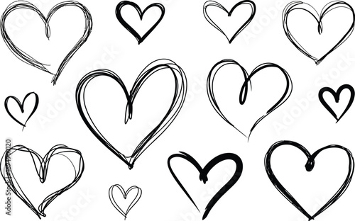 Collection of varied hand drawn black heart icons on a white background, conveying love and affection.