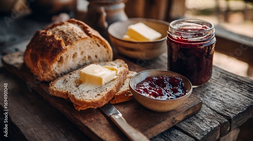 Wallpaper Mural Rustic breakfast of bread jam and butter on a countryside table Torontodigital.ca