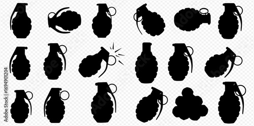 Black silhouettes of various hand grenades and explosive devices displayed in different orientations, including one with an activation spark.