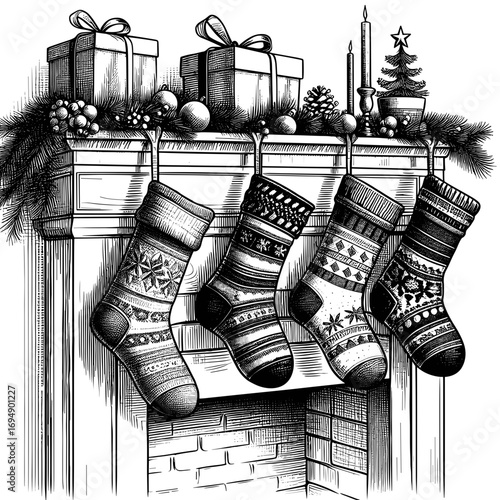 Christmas stockings in black-and-white style for holiday decor