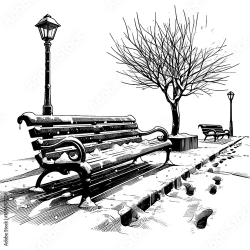 Snowy Bench Sketch in Black and White for Winter Scene