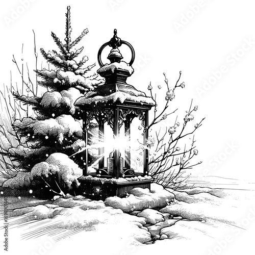 Lantern in winter scene in black and white winter decor