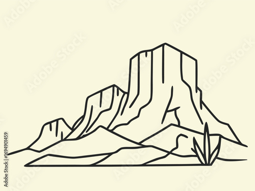 Desert Mountain Landscape Vector Line Art – Minimal Illustration of Rocky Cliffs and Sparse Plants – Ideal for Nature, Western, Travel, or Outdoor Graphic and Branding Projects.