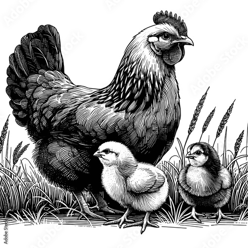 Hen and two chicks walking in grass illustration