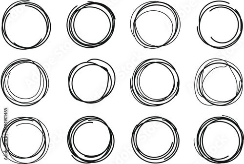 Collection of hand-drawn sketchy circles in a grid pattern, representing ideas or doodles.