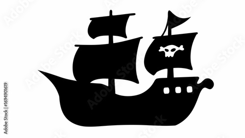 A black silhouette of a pirate ship with sails and a skull and crossbones on one of the sails sailing on water
