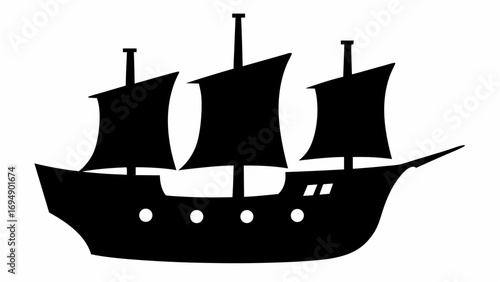 Silhouette of a three masted sailing ship with sails unfurled and visible details on a white background