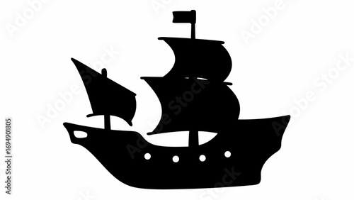 Silhouette of a sailing ship with sails and a flag on a white background in a simple illustration