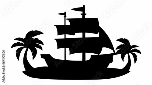 Silhouette of a sailing ship with two masts and sails between two palm trees on an island landscape
