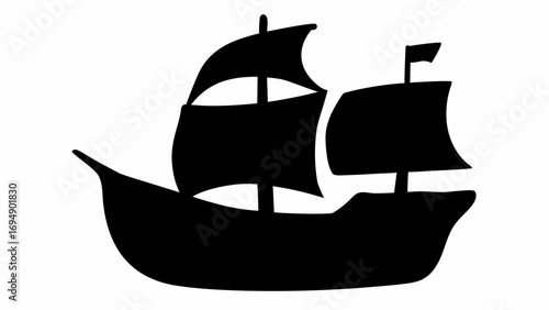 A silhouette of a tall ship with two masts and sails against a white background in a simple illustration