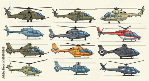 Collection of twelve cartoon style helicopters in various colors and designs on a light background