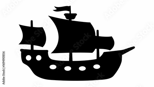 Silhouette of a sailing ship with sails and a flag on top in black color against white background