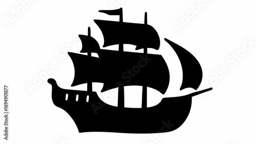 Silhouette of a sailing ship with multiple sails and masts on a white background in a simple design
