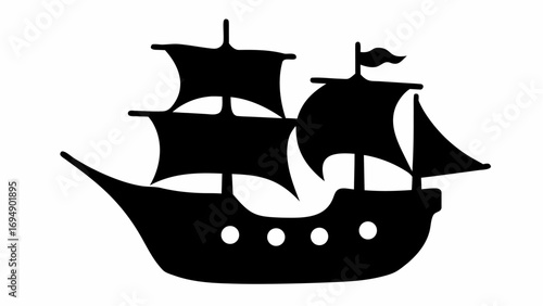 Silhouette of a sailing ship with three masts and sails against a white background in a simple design