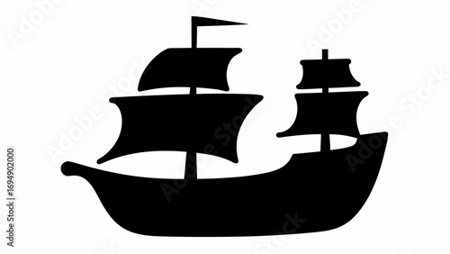 Silhouette depiction of a sailing ship with two masts and billowing sails against a white background